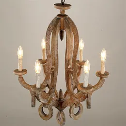 Drewniane oświetlenie żyrandola do salonu Bderoom Kitchen Luster Vintage żyrandole sufitowe retro dekoracje domowe LLFA261R