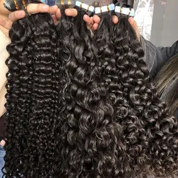 Deep Curly Tape in Hair Extensions Human Hair Unprocessed Brazilian Malaysian Indian Virgin Hair Natural Black Color