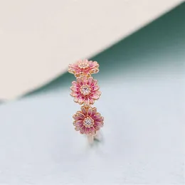 2020 Ny vår 100% 925 Sterling Silver European Pandora Rose Gold Pink Daisy Flower Emamel Trio Ring for Women Jewelry246i