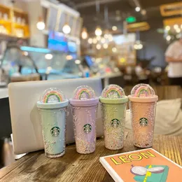 New latest 16OZ Starbucks Starlight Cup Rainbow Cup Adult Girl Cute Double Drinking Cup with Straw211L