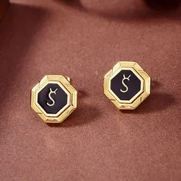 Octagon Gold Earring Border Charm Black Base Letter Ear Stud Women Light Convenience Lady Elegant Earrings Package With Box