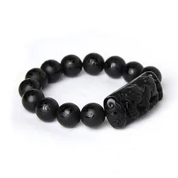 Hela Scrab Black Natural Obsidian Stone Armband Sex ord Buddha pärlor pixiu armband för män kvinnor mode välsigna smycken B195p