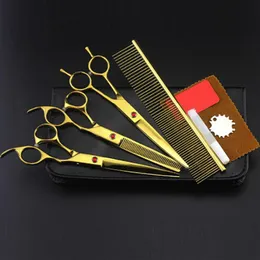 4 kits Tesoura de ouro profissional para animais de estimação de 7 polegadas, conjunto de tesouras para corte de cabelo, tosquiadeira para cães, barbeiro, desbaste, tesoura de cabeleireiro 3101