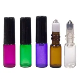 1200st små färgglada eteriska oljeflaskor med plastlock SS -kula, 1 ml glasflaska, mini glasflaskor glasbehållare QBTXJ