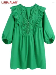 Casual Dresses Summer Women Hollow Embroidery Cascading Ruffle Dress Female V-Neck Lantern Sleeve Mini Vestidos LUJIA ALAN D9681