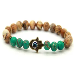 Nuovo arrivo Intero 10 pz / lotto Immagine Jasper Blue Sea Sediment Stone Bronzo antico Hamsa Protection Stretch Bracelets271c