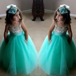 Sevimli Turkuaz Yeşil Çiçek Kızlar Elbiseler Spagetti Doğum Günü Kaynakları Kristal Boncuklu Tül Toddler Pageant Elbiseleri Kızlar için