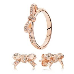 Luxury Rose Gold Bow Ring Stud Earrings Set for Pandora Sparkling Crystal Diamond designer Jewelry set For Women Girls Wedding Party Earring Rings with Original Box