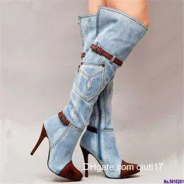 Boots Over the knee women boots autumn winter denim high heels ladies shoes sexy buckle strap platform long t 221108 Z230720