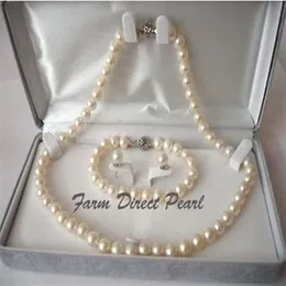 Pearl Jewelry Oryginalna okrągła 8-9 mm White Pearl Naszyjnik 3PC Set 19 925 Srebrne zapięcie 222G
