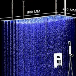 Wielka rozmiar 400 800 mm szczotkowana LED deszczowa głowica prysznicowa 304 Stal nierdzewna prostokątny zestaw prysznicowy z mosiądzem Chrom271g
