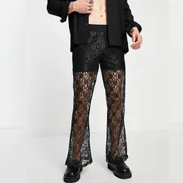 Men's Pants European American Men Casual Sexy Black Lace Trousers Show Dress Mesh Cut Out Bell-bottoms Moletom Masculino Pantalon