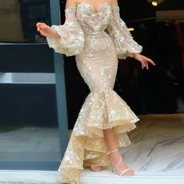 champagne Couture Mermaid Hi Low Prom Dresses sweetheart Off the Shoulder Lace Appliqued Evening Dress Puffy Long Sleeves Arabic F2876