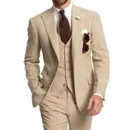 Beige Three -Element Wedding Men Suits for Business Party Peaked Lapel Two Button Niestandardowe spółki Tuxedos Pantsedos Pants Vest233z