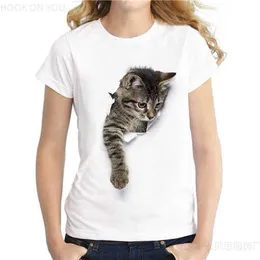 Camisa feminina trapos 3d papel de rascunho fofo estampa de gato camiseta feminina de manga curta manga curta solta