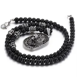 Cadena de eslabones de cuentas de cristal negro Punk, collar con colgante de León para hombres y mujeres, diamantes de imitación negros, oro, plata, acero inoxidable 316L, suéter Animal 349k