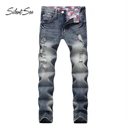 Silentea Fashion Biker Jeans Button Pants Trendy Designer Mens Jeans High Quality Blue Color Straight Ripped For Men243R