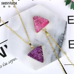 Shinygem 2021 Natural Handmadepurple Pink Druzy Pendant Necklaces Gold Platingステートメントトライアングルピラミッドストーントレンディ244f