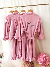 Women's Sleepwear Dark Rose Satin Kimono Personalized Robe With Name For The Wedding Gown Custom Bachelorette Party Ruffle Silk Of