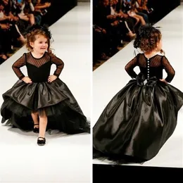 2019 Cupcake Princess Ball Grow Black Taffeta Taffeta High Low Girl Pageant Dresses with Long Sleeves Fashion Kids Over Over Prom Downs307m