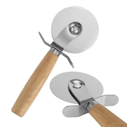 Handhold Pizza Cutter Trähandtag rostfritt stål Runda pizzakniv pasta Rotertabla köksverktyg DH81