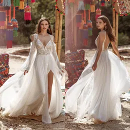 Asaf Dadush 2020 Split Tassel Wedding Dresses With Wrap Spaghetti V Neck Lace Appliques Boho Bohemian Beads Wedding Dress Robes De195U