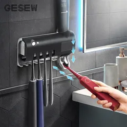 GESEW UV滅菌器歯ブラシホルダーソーラーエネルギー自動歯磨き粉スクイザーズディスペンサー壁取り付けのバスルームアクセサリーT200212J