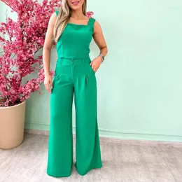 Women's Two Piece Pants CINESSD 2023 Fashion Casual Set Square Collar Repair Sling Double Buckle High Waist Wide Leg Two-Piece