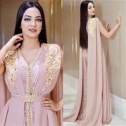 Ny Blush Pink Beaded Muslim Long Evening Dresses Luxury Dubai Marockan Kaftan Dress Chiffon V Neck Formal Gown Evening Party Dres2377