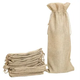 12pcs Rustik Jüt Şarap Çantası Vintage Hessian Çuval Örtüsü Drawstring Hediye Şarap Şişesi Çantalar Düğün Partisi Dekor Sarma Packaging255R