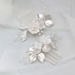 Grampos de cabelo de flor de cerâmica branca pentes pequenos pinos de noiva cor de prata folha de casamento headpiece pérolas feitas à mão joias femininas