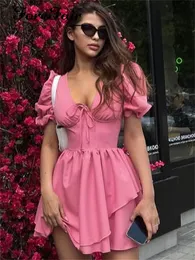 Basic Casual Dresses Forefair Fairycore Solid Dress For Women Summer Female A -Line Sexy Veck Tube Puff Sleeve Dresses Elegant Vestidos Vacation 230719