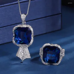Collana Orecchini Set EYIKA Luxury Silver Color Square Lab Sapphire Blue Zircon Medal Pendant Ring Wedding Fine Jewelry Gift For Women