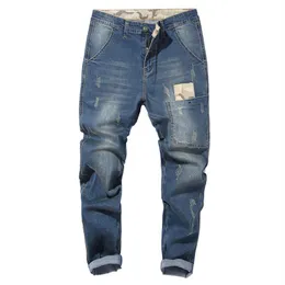 Calça Jeans Masculina Patchwork Denim Bolsos Rasgados Stretch Preto Azul Longo Tamanho Grande 48287S