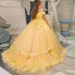 Girl Dresses Yellow Flower Lace Tulle Beading Appliqued Pageant For Girls First Communion Kids Prom
