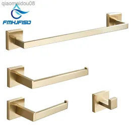 Brushed Gold Bathroom Hardware Accessories Set Toilet Stainless Steel Wall Towel Bar Rail Paper Holder and Hook Bath Rack Hanger L230704