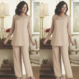 Elegante Spitze Hosenanzüge für die Mutter der Braut 2020 Sommer Chiffon Maßgeschneiderte 3/4 lange Ärmel Hochzeitsgast tragen Mutterkleid Suit259P