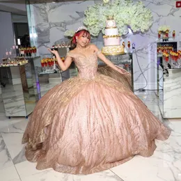 Rose Gold Quinceanera Dress V-Neck Cap Sleeve Lace Appliques Sequins Prom Party Princess Ball Gown Sweet 16 Vestidos de 15 Anos