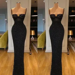 2020 Glitter Sheath Evening Dresses Sequins Spaghetti Beaded Black Floor length Formal Party Gowns Custom Made Long Prom Dress205b