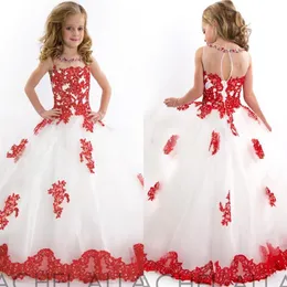 2019 Selling White and Red Flower Girls Dresses Jewel Neck Floor Length Lace Appliqued Girls Pageant Dresses Kids Wedding Dre215O