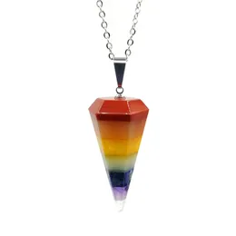 JLN Seven Chakra Hexagonal Cone Pendant Candy Color Style Layered Dowsing Pendulum Gemstone Charm With Stainless Steel Chain For Yoga Meditation