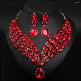 Necklace Earrings Set Gorgeous Red Green Coffee Crystal Drop Collar Dangle Earring Wedding Luxury Jewelry Trendy Bridal Banquet Gift