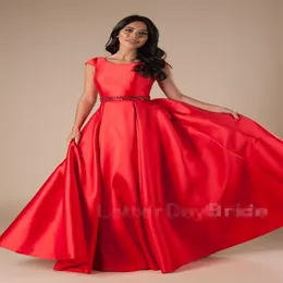 جديدة Long Red A-Line Modest Pom Dresses with Sleeves Mobicets Satin Simple Teens Engant Girls Virls Prom Donts Custom Made F2774