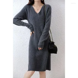 Casual Dresses Womens Elegant Cashmere Sweater Merino Wool Sexy V-Neck Knitted Skirt Fall Winter Ladies Black Dress Clothes