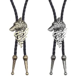 Bolo Ties Vintage Wolf Head Bolo Towce For Men Koszulka Łańcuch kołnierzyka męski Naszyjnik Metalowe krawaty skórzane lina Bowtie Kowbojowa biżuteria HKD230719