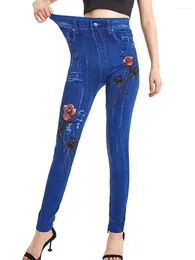 Kvinnors leggings kvinnor byxor trycker ut Jeggings sömlös sexig tjej polyester hög midja faux jeans denim rosblomma tryckta fitness leggins