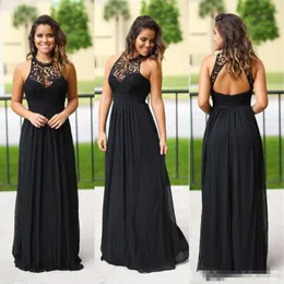 Country Style Cheap Bridesmaid Dresses Black Chiffon Lace Maid of Honor Gowns A Line Halter Neck Backless Long Gothic Forest Bride3251
