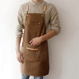 BBQ Canvas Apron Bib Leather Chef Kitchen for Women Men Barista Bartender Pockets Home Barber Cook Coffee Restaurant LJ200815264I