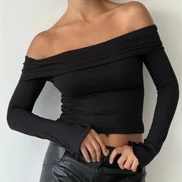 Koszulka damska Gaono eleganckie kobiety na ramię z uprawami na ramię długie rękaw Slim Fit Tees Vintage Y2K Fairycore Backless T Shirt Streetwear 230721