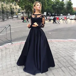 Black Two Pieces Graduation Evening Dresses Lace Long Sleeve Crop Top Prom Gowns 2 Piece Celebrity Dresses Long Floor Length184Q